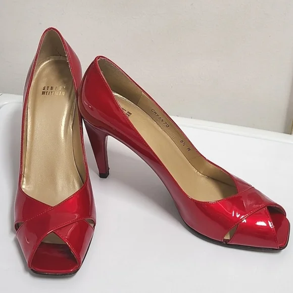 Stuart Weitzman Max Patent Leather Peep Toe Heels in Red Quasar Sz 8½N - Picture 2 of 13